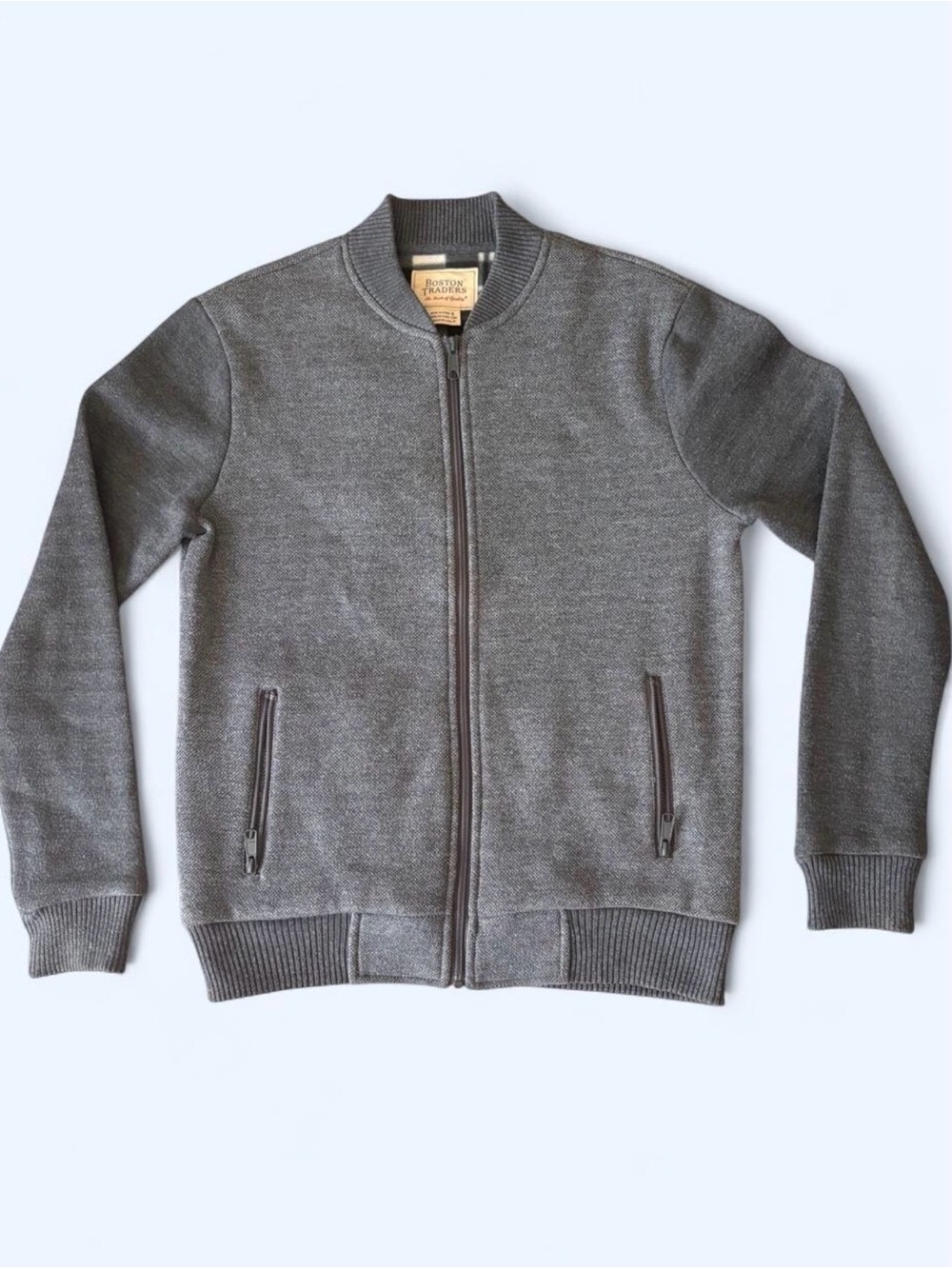 Boston Traders Men's Gray Zip-Front Knit Bomber Sweater